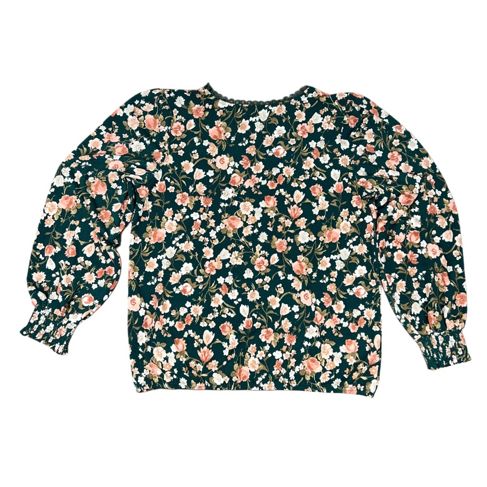 Flower & Feather Size Small Floral Smocked Hem Blouse Green Boho Style Shirt Top - Picture 5 of 10